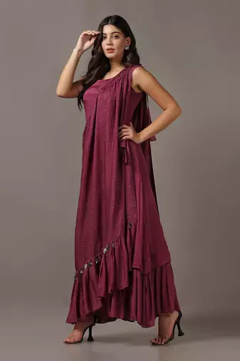 Wine gown with one shoulder drape cape