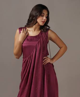 Wine gown with one shoulder drape cape 3