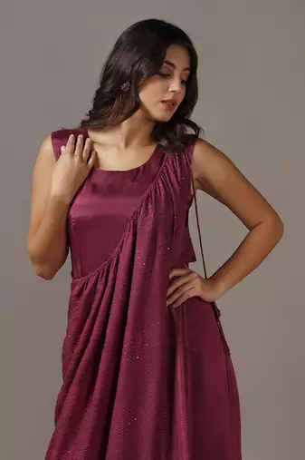 Wine gown with one shoulder drape cape