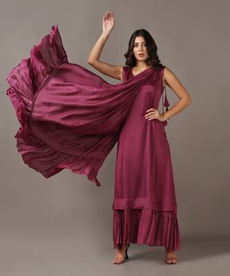 Wine gown with one shoulder drape cape 4