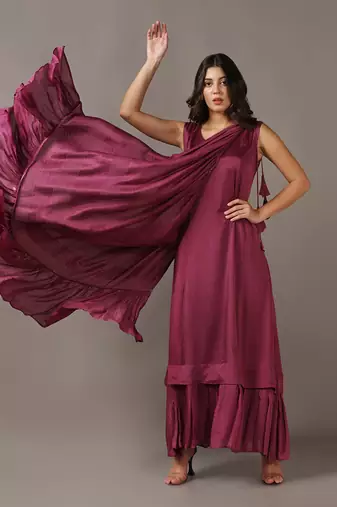 Wine gown with one shoulder drape cape
