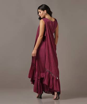 Wine gown with one shoulder drape cape 5