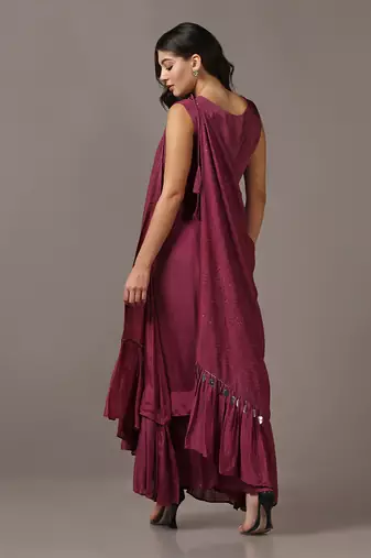 Wine gown with one shoulder drape cape