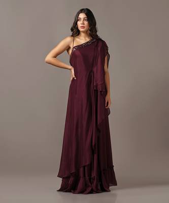 Wine one shoulder drape gown 1