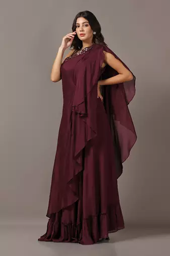 Wine one shoulder drape gown