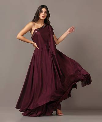 Wine one shoulder drape gown 3