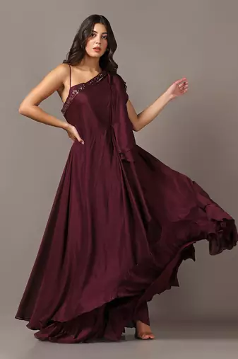 Wine one shoulder drape gown