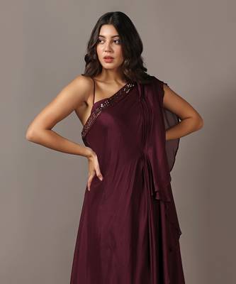 Wine one shoulder drape gown 4