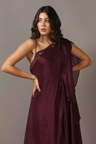 Wine one shoulder drape gown