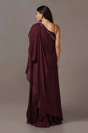 Wine one shoulder drape gown