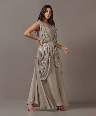 Beige sequins drape gown 1