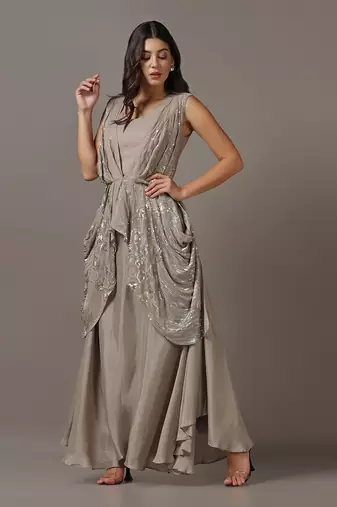 Beige sequins drape gown