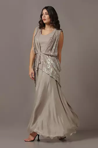 Beige sequins drape gown