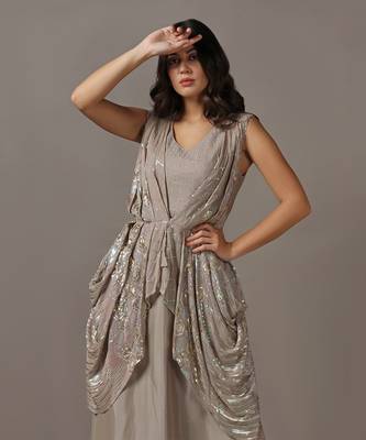 Beige sequins drape gown 4