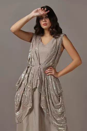 Beige sequins drape gown