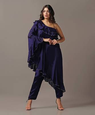 Blue off shoulder frilled top with pants 1