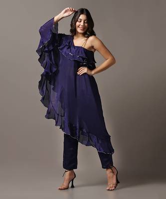 Blue off shoulder frilled top with pants 2