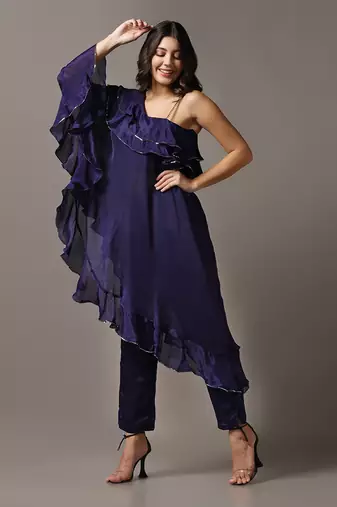 Blue off shoulder frilled top with pants