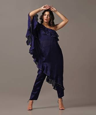 Blue off shoulder frilled top with pants 3