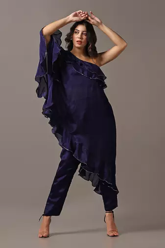 Blue off shoulder frilled top with pants