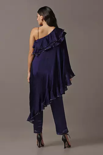 Blue off shoulder frilled top with pants