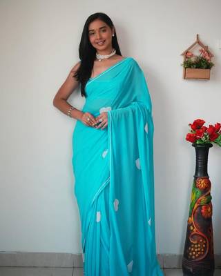 Sky Colour georgette Fabric Ready To Wear Saree WITH UN-STITCHED BLOUSE 2