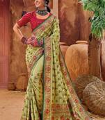 Pista Faux Banarasi Silk Thread Embroidery With Pure Kachhi & Sequince, Mirror Work Saree With Blouse