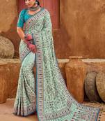 Aqua Banarasi silk blendThread Embroidery With Kachhi & Sequince, Mirror Work Saree With Blouse