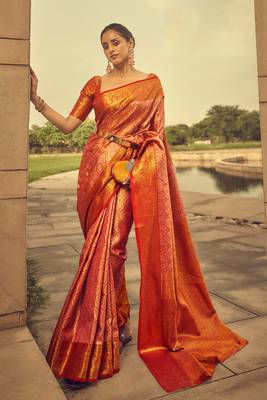 red heavy brocade faux silk blend woven with jacquard work saree with blouse 1