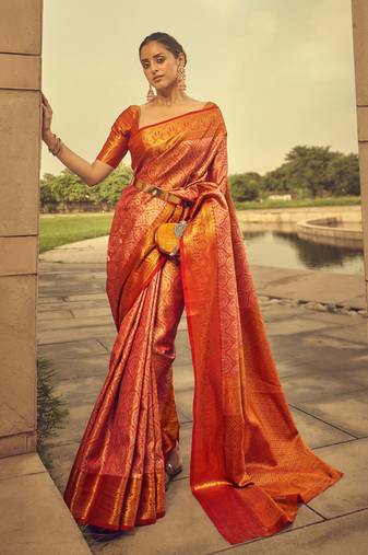 Red Heavy Brocade Faux Banarasi Silk Woven With Jacquard Work Saree With Blouse