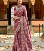 Pastel Maroon Silk Heavy Thread Embroidred Work Saree With Blouse