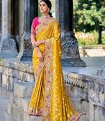 Yellow silk heavy thread embroidred work saree with blouse