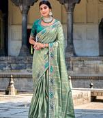 Sea Green Faux Silk Heavy Thread Work Saree With Blouse
