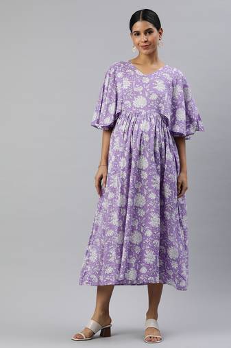 Lavendor floral print cotton maternity dress
