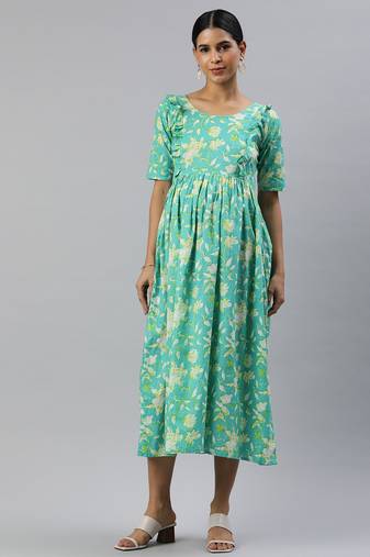 Sea green & yellow floral print cotton maternity dress