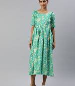 Sea green & yellow floral print cotton maternity dress