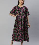 Black & pink floral print cotton maternity dress