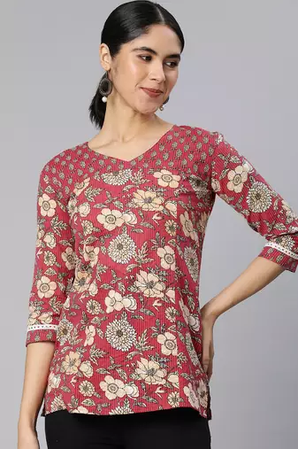 Red floral kantha print cotton tunic