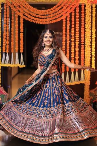 Blue Heavy Sequins Work Chinon Silk Semi Stitch Wedding Lehenga