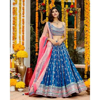 Blue Heavy Sequins Work Chinon Silk Semi Stitch Wedding Lehenga 1
