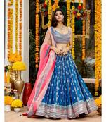 Blue Heavy Sequins Work Chinon Silk Semi Stitch Wedding Lehenga