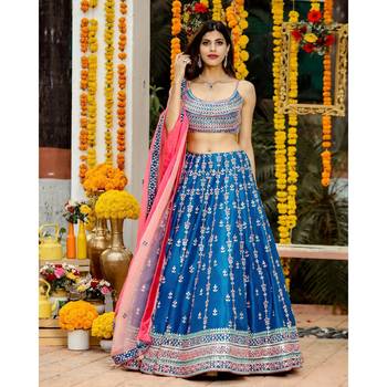 Blue Heavy Sequins Work Chinon Silk Semi Stitch Wedding Lehenga 2
