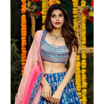 Blue Heavy Sequins Work Chinon Silk Semi Stitch Wedding Lehenga 3