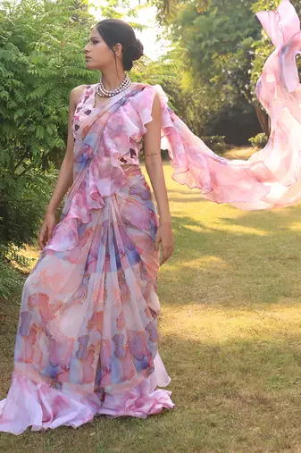 Multi colour drape saree set