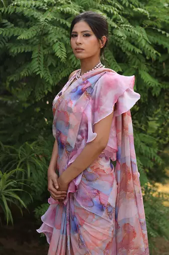 Multi colour drape saree set