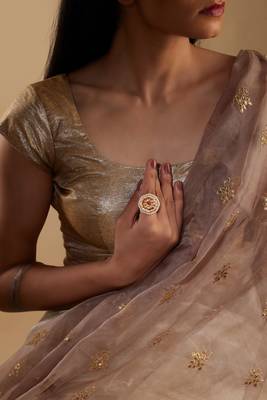 Gold-Plated Dual Toned Meenakari Adjustable Ring With Pink Stone 3