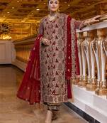 Red semi stitched Pakistani suite with heavy Embroidery and diamond work in Georgette fabric 