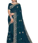 Teal glitter embroidery georgette saree with blouse