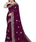 Wine glitter embroidery georgette saree with blouse
