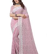 Pink resham embroidered crepe silk saree with blouse